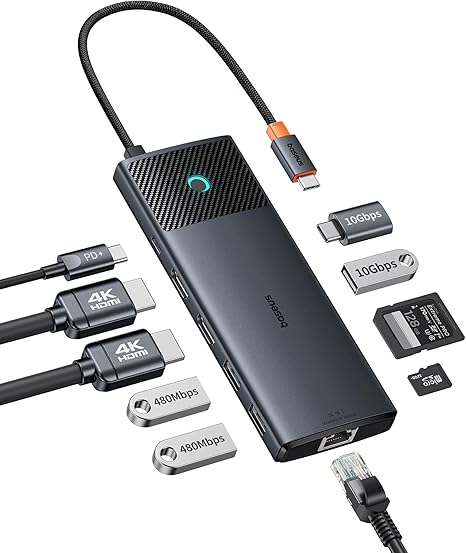 Baseus 10-in-1 Docking Station USB C 10 Gbps Up to 4K @ 120 Hz, USB C Hub with 2 HDMI, 2 x USB-C and 3 x USB-A, Gigabit Ethernet, SD/TF and 100 W Power Delivery for MacBook/Dell/HP/Lenovo and More PC