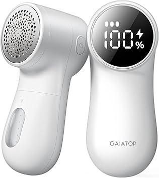 GAIATOP Fabric Shaver Rechargeable Lint Remover 3 Speeds Sweater Defuzzer, Cute Digital Screen Large Storage 6-Leaf Blades, Fuzz Pills Bobbles Trimmer for Clothes Furniture Bedclothes White 1 pcs