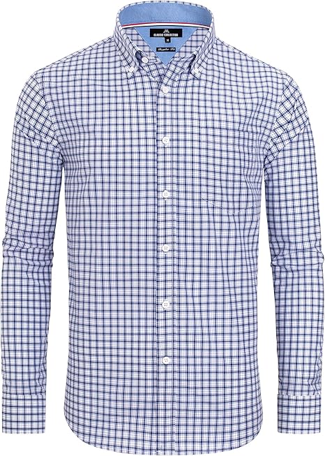 Alimens & Gentle Men's Plaid Button Down Shirts Cotton Long Sleeve Dress Shirts Regular Fit Gingham Shirts