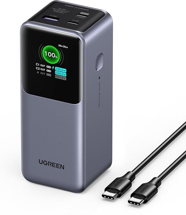 UGREEN Nexode Power Bank 20000mAh 130W Portable Charger 72Wh PD Fast Charging 3-Port USB C Battery Pack with TFT Smart Display for MacBook/iPad/iPhone 16/Samsung S24 and More