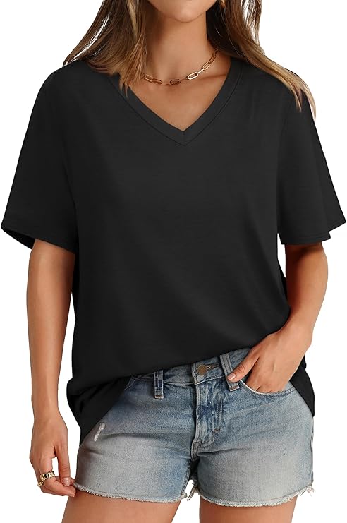 Aokosor Womens T Shirts V Neck Short Sleeve Casual Loose Tees Tops 2025 Trending Now