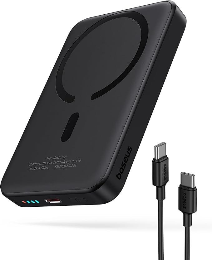Baseus Magsafe Powerbank 10000 mAh, Wireless Power Bank, Magnetic External Battery for iPhone 15/14/13/12 Series, PD 20W Mini Powerbank USB-C, Small but Strong, Black