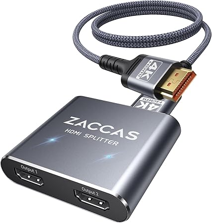 HDMI Splitter 1 in 2 Out, ZACCAS Aluminum 4K HDMI Splitter for Dual Monitors, 1x2 HDMI Display Duplicate/Mirror Screens, Not Extend Monitors【with 3.3Ft HDMI Cable】
