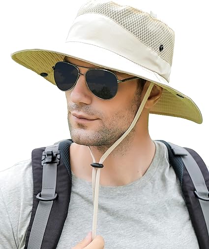 Koreshion Mens Sun Hat Wide Brim Breathable Mesh UPF 50  Waterproof Fishing Hat Safari Hat Foldable Boonie Cap