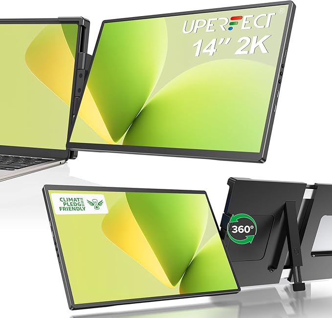 UPERFECT Laptop Screen Extender, 2K 14" 360°Unique Swivel Hinge w/ 180° Automatic Rotation, 2240x1400 QHD IPS Portable Monitor for 13"-17'' Laptops, Plug & Play Compatible with Mac, Wins, Android, Dex