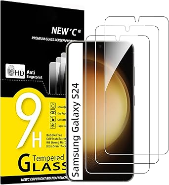 NEW'C 3 Pack Designed for Samsung Galaxy S24 (NON Compatible with S24 Plus, S24 Ultra) Screen Protector Tempered Glass,Case Friendly Ultra Resistant