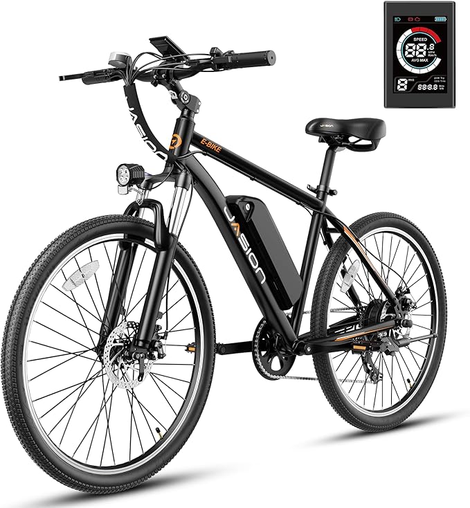 Jasion EB5 Electric Bike for Adults with Peak 500W Brushless Motor, 40Miles 20MPH Commuting Electric Mountain Bike with 360Wh Removable Battery, 7-Speed, 26" Tires and Front Fork Suspension