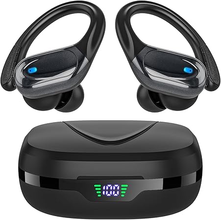 Wireless Earbuds, Sports Bluetooth Headphones, Ear Buds with 80hr Playtime, Noise Canceling, LED Power Display, IPX7 Waterproof Earphones for Workout/Running Black