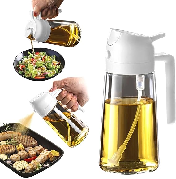 TrendPlain 16oz/470ml Olive Oil Sprayer for Cooking - 2 in 1 Olive Oil Dispenser for Kitchen Gadgets, Air Fryer, Salad, and BBQ - White