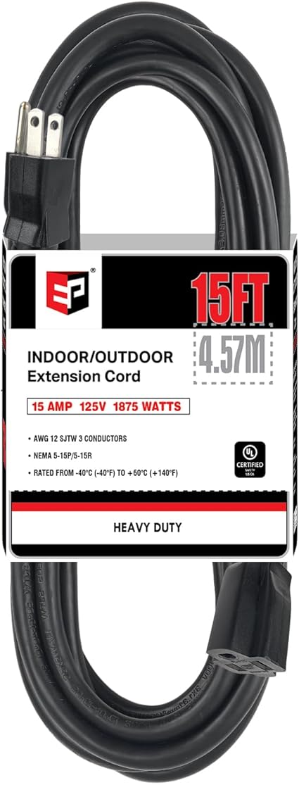 EP 15 Ft Outdoor Extension Cord - 12/3 SJTW Heavy Duty Black Extension Cable with 3 Prong Grounded Plug - Power Cord for Lawn, Garden, Appliances