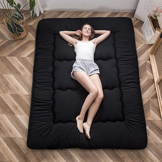 MAXYOYO Japanese Floor Mattress Futon Mattress, 4" Thicken Tatami Mat Sleeping Pad Foldable Roll Up Mattress Boys Girls Dormitory Mattress Pad Kids Floor Lounger Pillow Bed, Black, Queen
