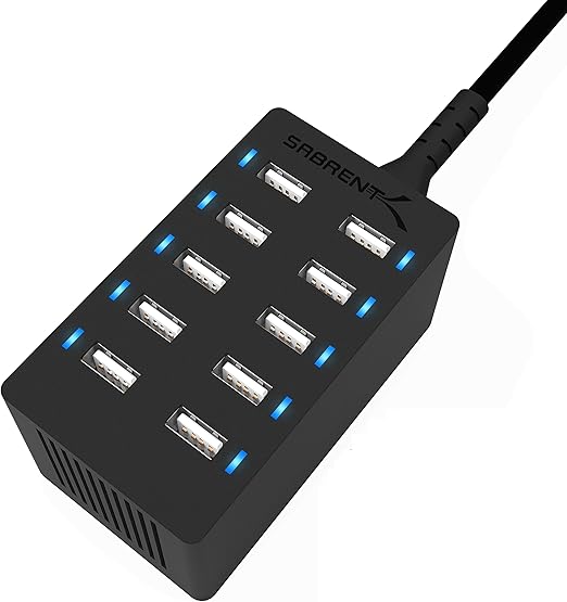 SABRENT 60 Watt (12 Amp) 10 Port [UL Certified] Family Sized Desktop USB Rapid Charger. Smart USB Ports with Auto Detect Technology [Black] (AX-TPCS)