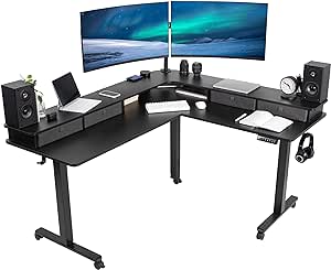 VIVO Electric 2-Tier Height Adjustable 63 x 55 inch Stand Up Corner Desk, L-Shaped Mobile Table with Memory Controller, Black Table Top, Black Frame, Dark Gray Storage Drawers, DESK-E3CVB