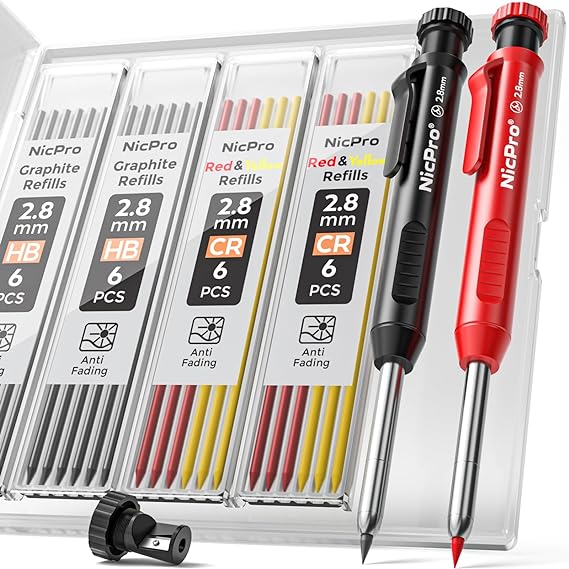 Nicpro Carpenter Pencil with Sharpener, Mechanical Pencils Set with 26 Refills, Deep Hole Marker for Construction, Heavy Duty Woodworking Pencils for Architect (Black, Red) - With Case