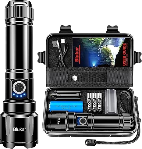 Blukar Flashlight Rechargeable, High Lumens 500000L Super Bright Flashlights - Zoomable, 5 Light Modes, IP67 Waterproof, Powerful Long Lasting Handheld Flash Light for Emergencies, Camping, Hiking