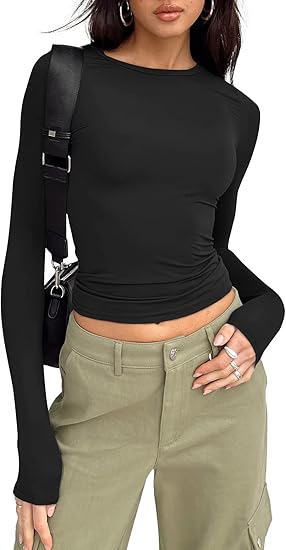 Trendy Queen Womens Long Sleeve Shirts Basic Tees Crop Tops Going Out Spring 2025 Workout Outfits Y2k Clothes