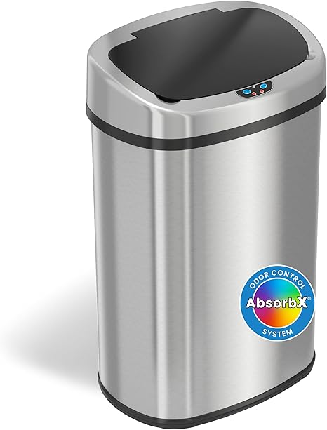 iTouchless SensorCan 13 Gallon Kitchen Trash Can with Odor Filter, Stainless Steel Oval Automatic Trashcan for Home Office Bedroom Living Room Garage Large Capacity Slim Space-Saving Bin