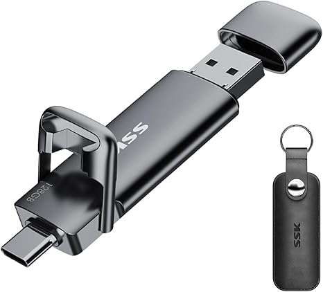 SSK 128GB Dual USB C Flash Drive,2-in-1 Type C  USB A 3.2 Gen2 Solid State Thumb Drive,Speed Up to 550MB/s Memory Stick Data Storage for iPhone 15,Thunderbolt 3, Android Phone,Tablet,Laptop