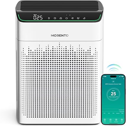 MORENTO Air Purifiers for Home Large Room Up to 1290 ft² with PM 2.5 Air Quality Monitor, Wi-Fi and Alexa compatible, HEPA Auto Mode Double-sided Air Inlet for Smoke and Odor, 23db, MR5866, White