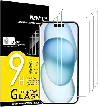 NEW'C 3 Pack Designed for iPhone 15, iPhone 15 Pro (6.1 inches) Screen Protector Tempered Glass,Case Friendly Ultra Resistant