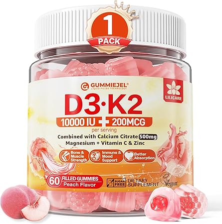 Sugar-Free Vitamin D3 K2 Filled Gummies 5000IU / 10,000 IU with 500mg Calcium   K2 (MK-7) 200mcg, Magnesium Citrate, Vitamin C, Extra Strength - Ultimate Absorption for Bone Muscle Teeth Immune, Vegan