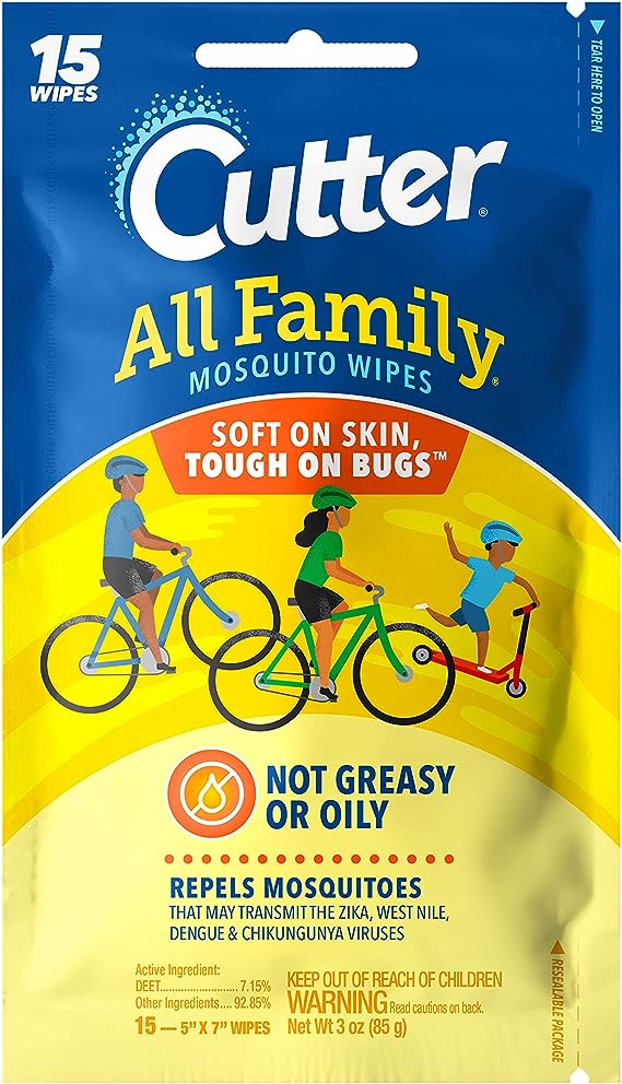 Cutter All Family Mosquito Wipes, Insect Repellent, Repel Mosquitoes, Ticks, Gnats, Fleas & More, 7% DEET 15 Count