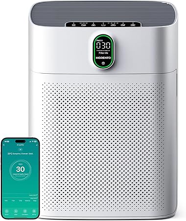 MORENTO Air Purifier for home Large Rooms up to 1076 ft2, Wi-Fi and Alexa compatible, PM2.5 Air Quality Display, Auto Mode, HEPA Filter Removes Dust, Pollen, Smoke 1 Pack  2 Pack Filters(White)