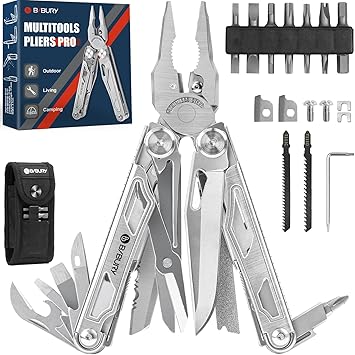 BIBURY Multitool Pliers, Stainless Steel Multi Tool Pliers with Replaceable Wire Cutters and Saw, Foldable Multitools with Scissors and Screwdriver, Ideal for Camping, Hiking, Survival, Repair