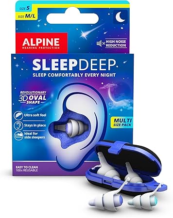 Alpine SleepDeep Multisize - Soft Ear Plugs for Sleeping and Concentration - New 3D Oval Shape and Noise Reducing Gel for Better Attenuation - 27dB - Ideal for Side Sleeper - 2-Pair Reusable: S   M/L