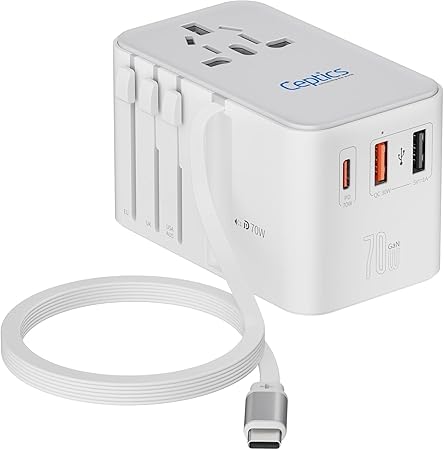 Ceptics Universal Travel Adapter with 65cm Retractable USB-C Cable - 3x USB Ports (QC 3.0, PD 70W), Compatible with Type A, C, G, I Outputs