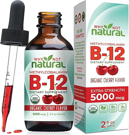Why Not Natural Organic Vitamin B12 Liquid - Sublingual Extra Strength 60 x 5000 mcg Methylcobalamin Drops, Vegan, Maximize Absorption and Energy