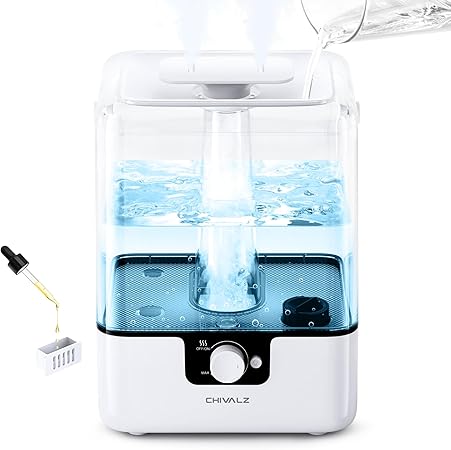6L Humidifiers for Bedroom Large Room Home, CHIVALZ Cool Mist Top Fill Humidifiers for Baby Nursery and Plants, 26dB Quiet, Nightlight, Up to 50 Hours, Oil Diffuser 1 Pack   2 Mist Outlets White