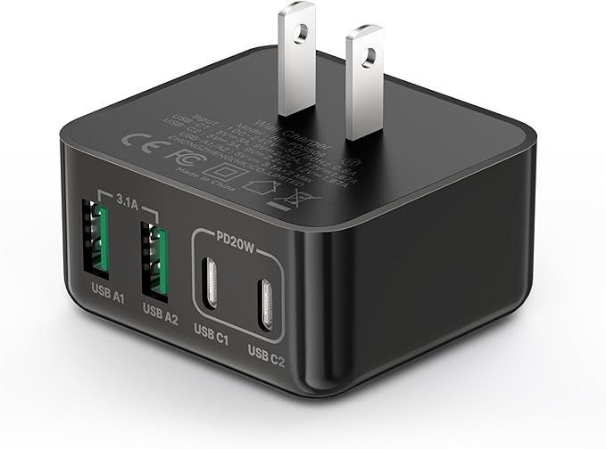 USB C Charger Block, 40W 4-Port Fast Charger 20W Type C Charging Block 3.1A USB Wall Charger Dual Port PD QC Charging Cube for iPhone 16 15 14 13 12 Pro Max XS, iPad, Samsung Phone (Black Compact)