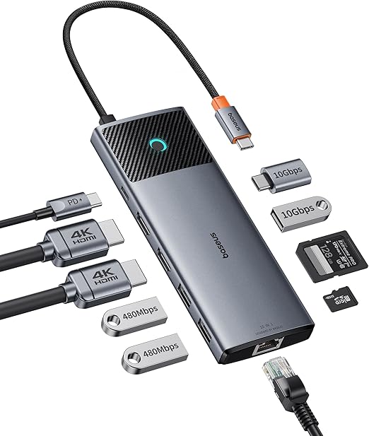 Baseus Docking Station USB C 2 Display, 10 Gbps 10 in 1 Docking Station with 2 HDMI Single 4K@120Hz,10Gbps USB-A and USB-C, Ethernet and PD 100W for Mac/Dell/HP/Lenovo，Grey