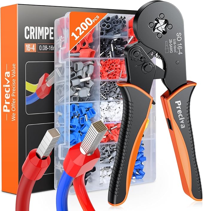 Preciva CT811201 Crimping Tool Kit, 0.08-16mm²/AWG28-5, 1200pcs Ferrules, Self-Adjsutable Ratchet Wire Crimper Plier