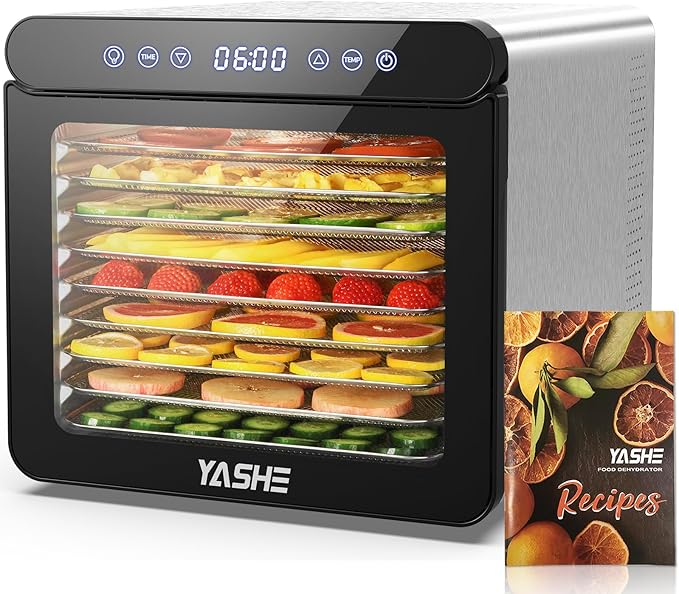 YASHE Food Dehydrator for Jerky, 9 Stainless Steel Trays Food Dehydrator Machine, 800W Fruit Dryer 165 ℉ Temperature & 48H Timer for Meat, Dog Treats, Herb, Veggies, Yogurt, BPA Free
