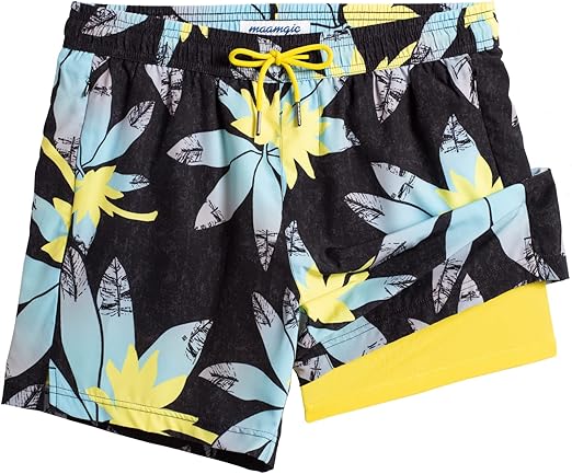 maamgic Mens Swim Trunks with Compression Liner 5" Stretch Beach Shorts Quick Dry with Zipper Pockets No-Chafing Board Shorts