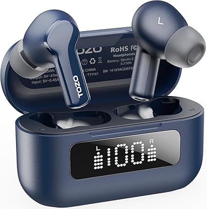 TOZO Hybrid Active Noise Cancelling Wireless Earbuds with 6 Mics AI Clear Call Ear Buds 55H Playtime with LED Display 32 Preset EQs via APP Bluetooth 5.3 IPX8 Waterproof in Ear Headphones