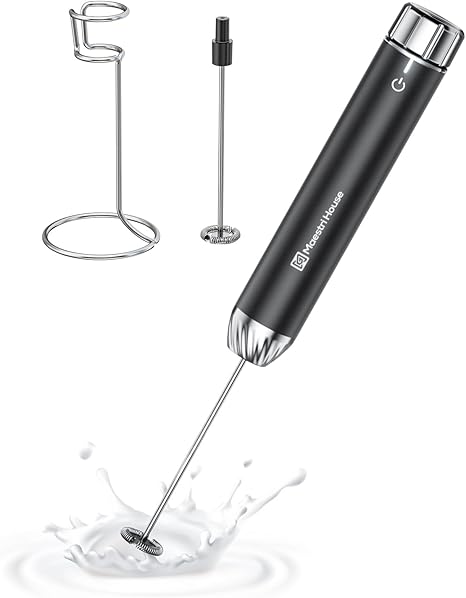 Maestri House Rechargeable Milk Frother with Stepless Speed Control, Handheld Electric Foam Maker Waterproof Drink Mixer Foamer with Stainless Steel Stand & Detachable Whisks for Lattes, Cappuccino