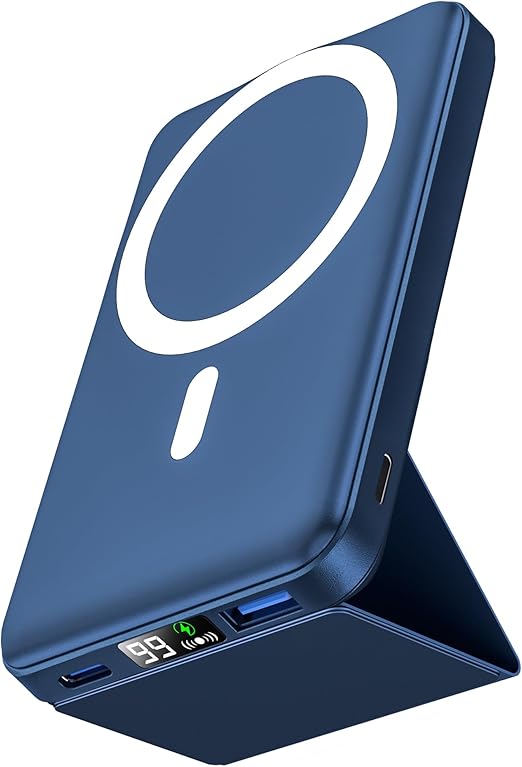podoru for Magsafe Battery Pack, Foldable 10000mAh Wireless Portable Charger with USB-C Cable LED Display 22.5W PD Fast Charging Magnetic Power Bank for iPhone 16/15/14/13/12 All Series-Dark Blue