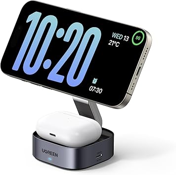 UGREEN MagFlow Magnetic Foldable Charging Station, 2-in-1 Fast Wireless Charger Compatible with iPhone 16 15 14 13 12, Airpods3 2 Pro (No AC Adapter)
