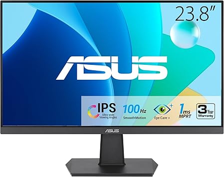 ASUS 24” (23.8-inch viewable) 1080P Eye Care Monitor (VA24EHF) - IPS, Full HD, Frameless, 100Hz, 1ms, Adaptive-Sync, for Working and Gaming, Low Blue Light, HDMI, VESA Mountable, Tilt, BLACK