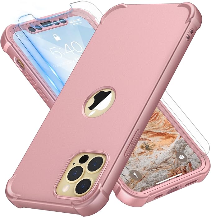 ORETECH for iPhone 12 Pro Max Case, with [2 x Screen Protectors] [10 Ft Military Grade Drop Test] [Camera Protection] 360° Shockproof Slim Thin Phone Case iPhone 12 Pro Max Cover 6.7" - Rose Gold
