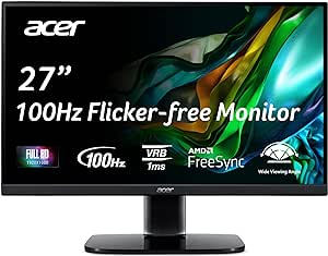 Acer KB272 EBI 27" IPS Full HD (1920 x 1080) Zero-Frame Gaming Office Monitor | AMD FreeSync Technology | Up to 100Hz Refresh | 1ms (VRB) | Low Blue Light | Tilt | HDMI & VGA Ports,Black