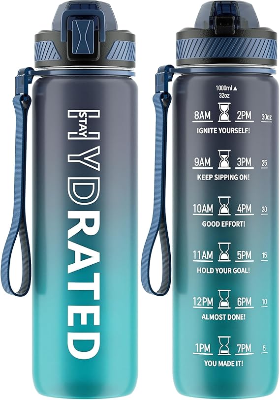 Water Bottle with Straw, 32oz Motivational Water Bottles with Time Marker to Drink, Tritan BPA Free, 1L Sports Water Bottle with Carry Strap LeakProof for Women Gym Fitness Outdoor (1 Pack)