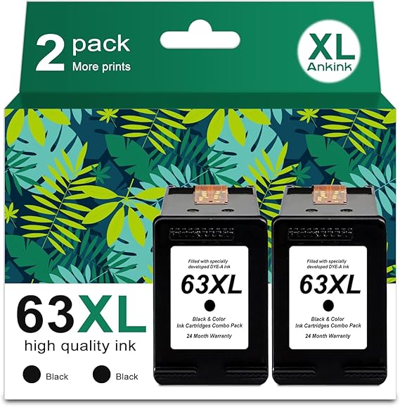 Ankink Remanufactured Ink Cartridge Replacement for HP Ink 63 XL 63XL (Black 2-Pack) Work with HP63 3830 4650 4652 4655 5200 5252 5255 5258 4520 4512 1112 2132 3630 3632 Printers 2 BK