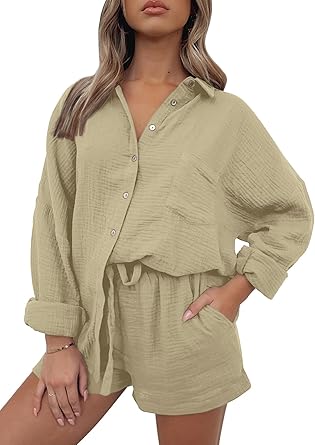 AUTOMET 2 Piece Sets For Women Lounge Wear Matching Two Piece Pajama Fashion Oversized Shirts And Shorts Spring Outfit 2025