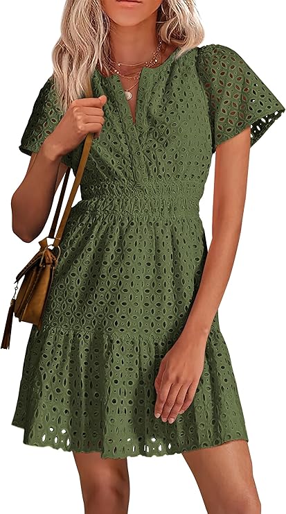 PRETTYGARDEN Womens 2025 Summer Short Dress V Neck Short Sleeve A Line Hollow Out Lace Ruffle Cute Casual Beach Party Dresses