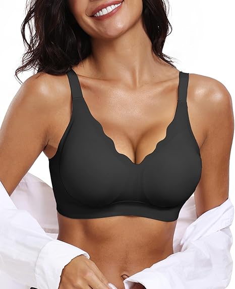 OEAK Womens Comfortable Wireless Bras Push Up Seamless Bralettes Soft V Neck Brassiere Scalloped Full Coverage Everyday Bra
