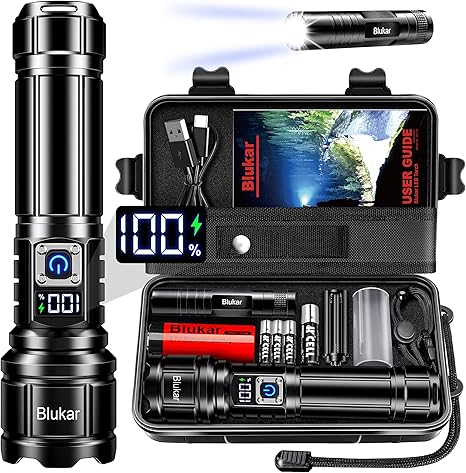 Blukar Flashlight High Lumens Rechargeable, Super Bright Flashlights, Adjustable Focus, 5 Modes, Powerful Long Lasting, IP67 Waterproof, Smart Digital Display for Camping, Outdoors,Emergency